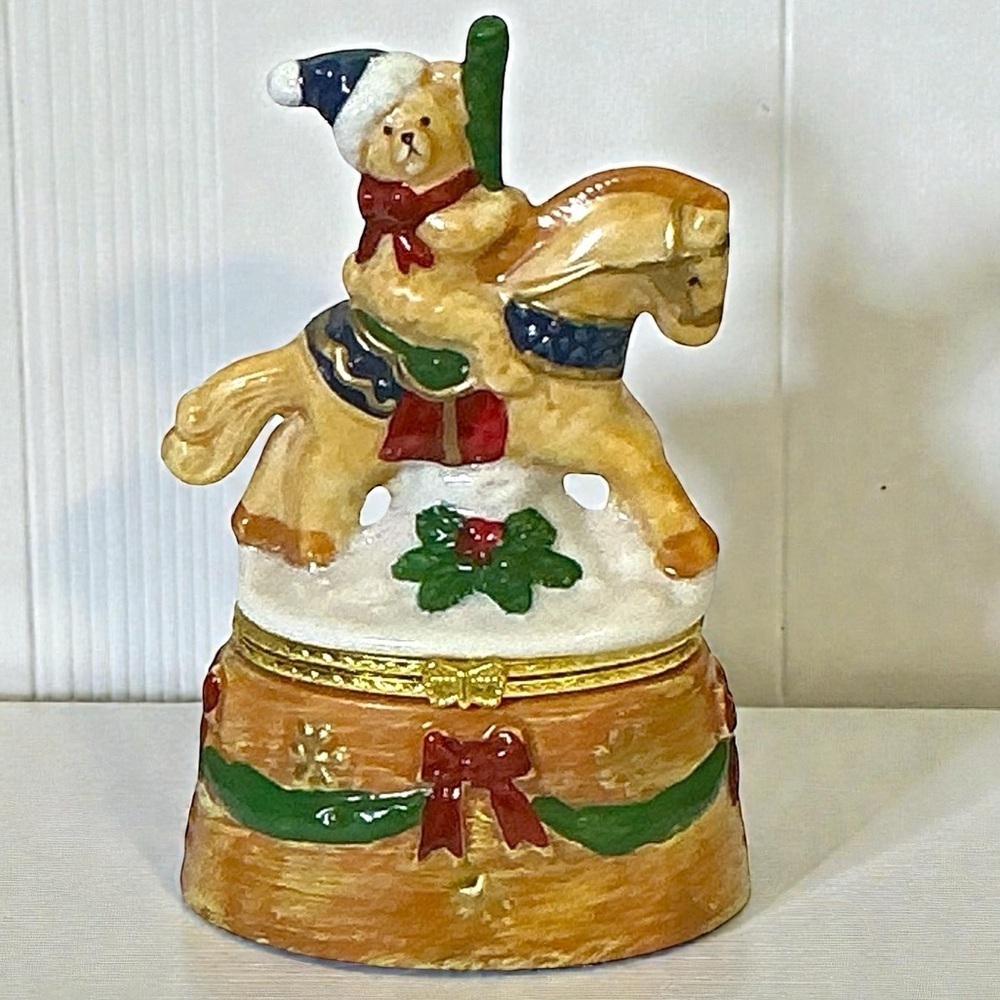 Vintage Hand Painted Trinket Box Hinged Christmas Santa Bear Carousel Horse 1990